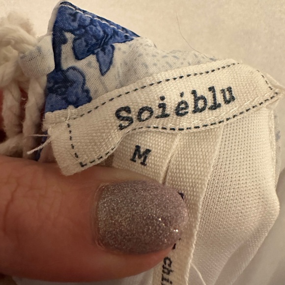 Soieblu Lace Up Tasseled Racerback Blue and White Floral Sheer Maxi Dress Sz Med - Picture 7 of 7